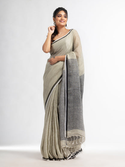 Women's Sage green twill weaving with black pallu in white and black border handwoven linen saree