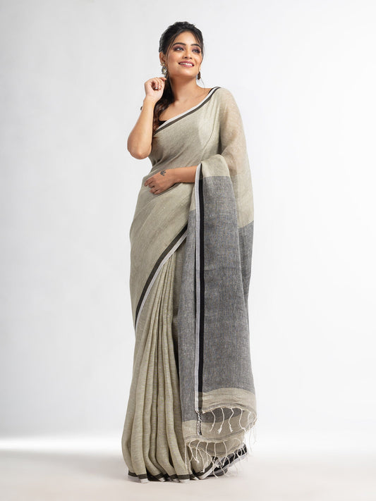 Women's Sage green twill weaving with black pallu in white and black border handwoven linen saree