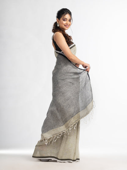 Women's Sage green twill weaving with black pallu in white and black border handwoven linen saree