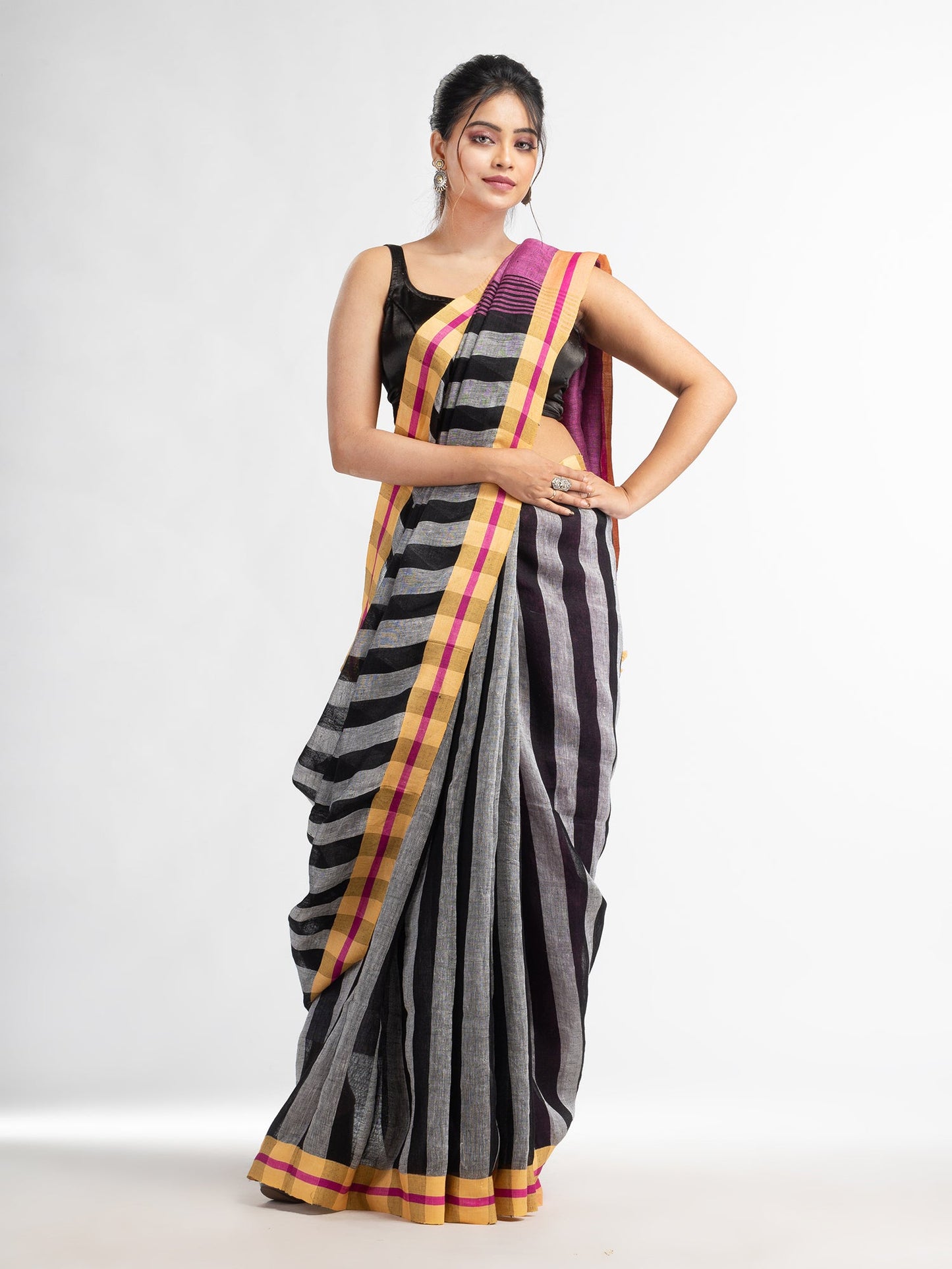 Women's grey black all body stipe with pink pallu in multi colou boeder handwoven linen saree