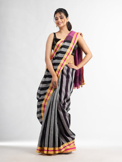 Women's grey black all body stipe with pink pallu in multi colou boeder handwoven linen saree