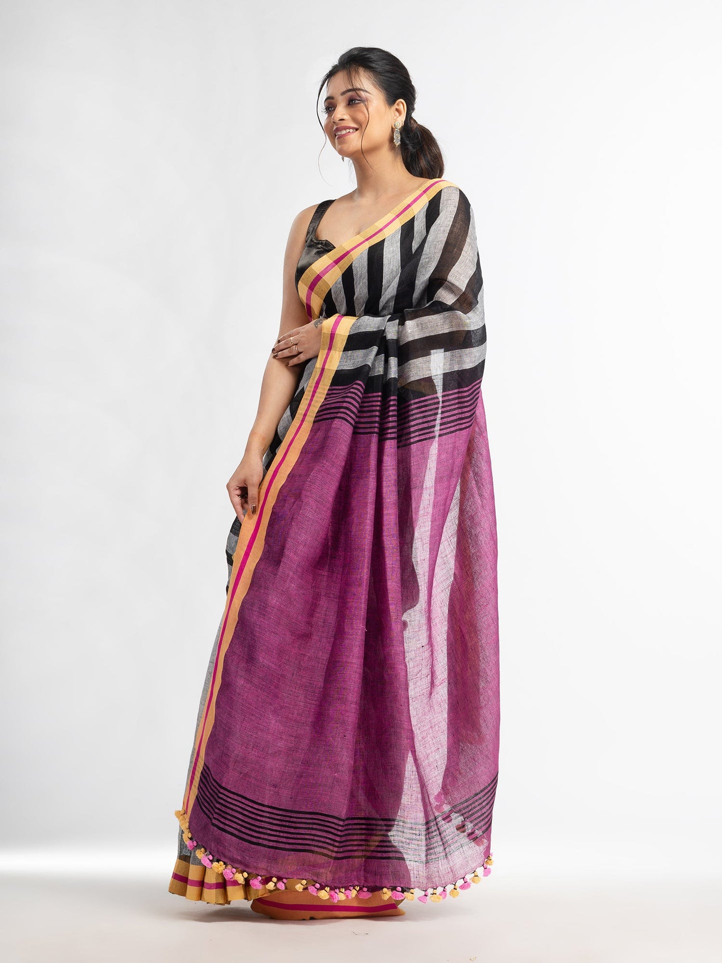 Women's grey black all body stipe with pink pallu in multi colou boeder handwoven linen saree
