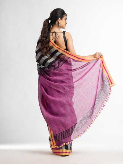 Women's grey black all body stipe with pink pallu in multi colou boeder handwoven linen saree