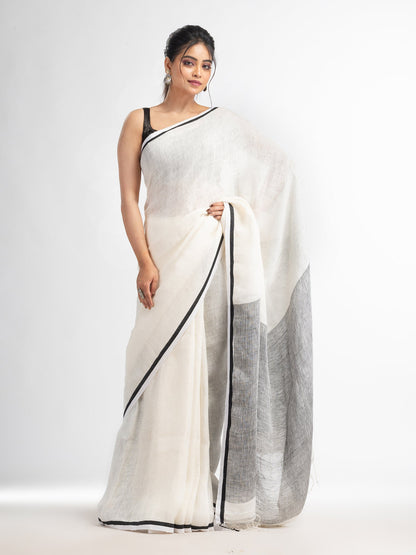 Women's White twill weaving with black pallu in white and black border handwoven linen saree