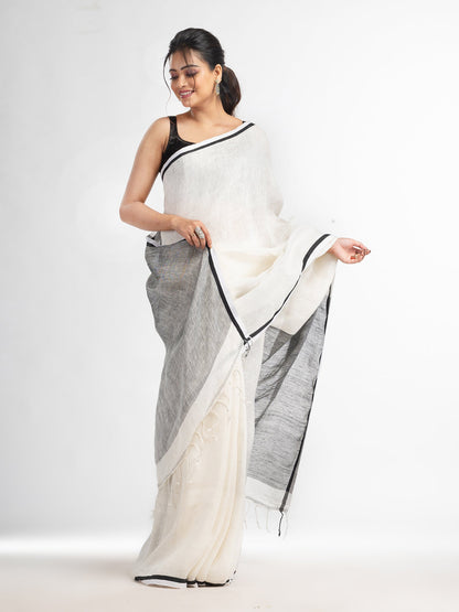 Women's White twill weaving with black pallu in white and black border handwoven linen saree