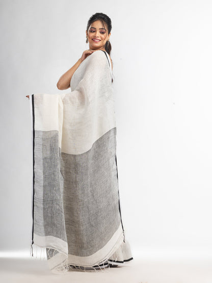 Women's White twill weaving with black pallu in white and black border handwoven linen saree