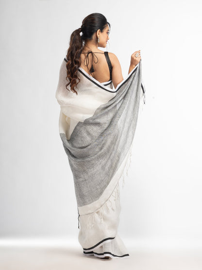 Women's White twill weaving with black pallu in white and black border handwoven linen saree