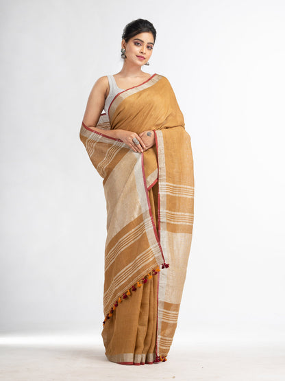 Women's saffron with silver zari pallu in silver zari border handwoven linen saree
