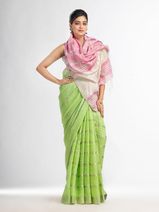 Women's green pink half and half ziri check with silver zari pallu in zari border handwoven linen saree
