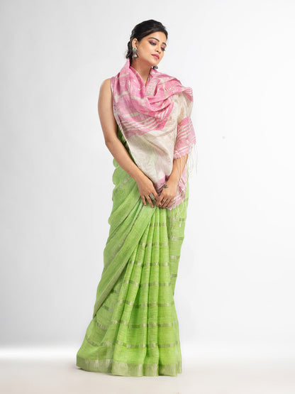Women's green pink half and half ziri check with silver zari pallu in zari border handwoven linen saree