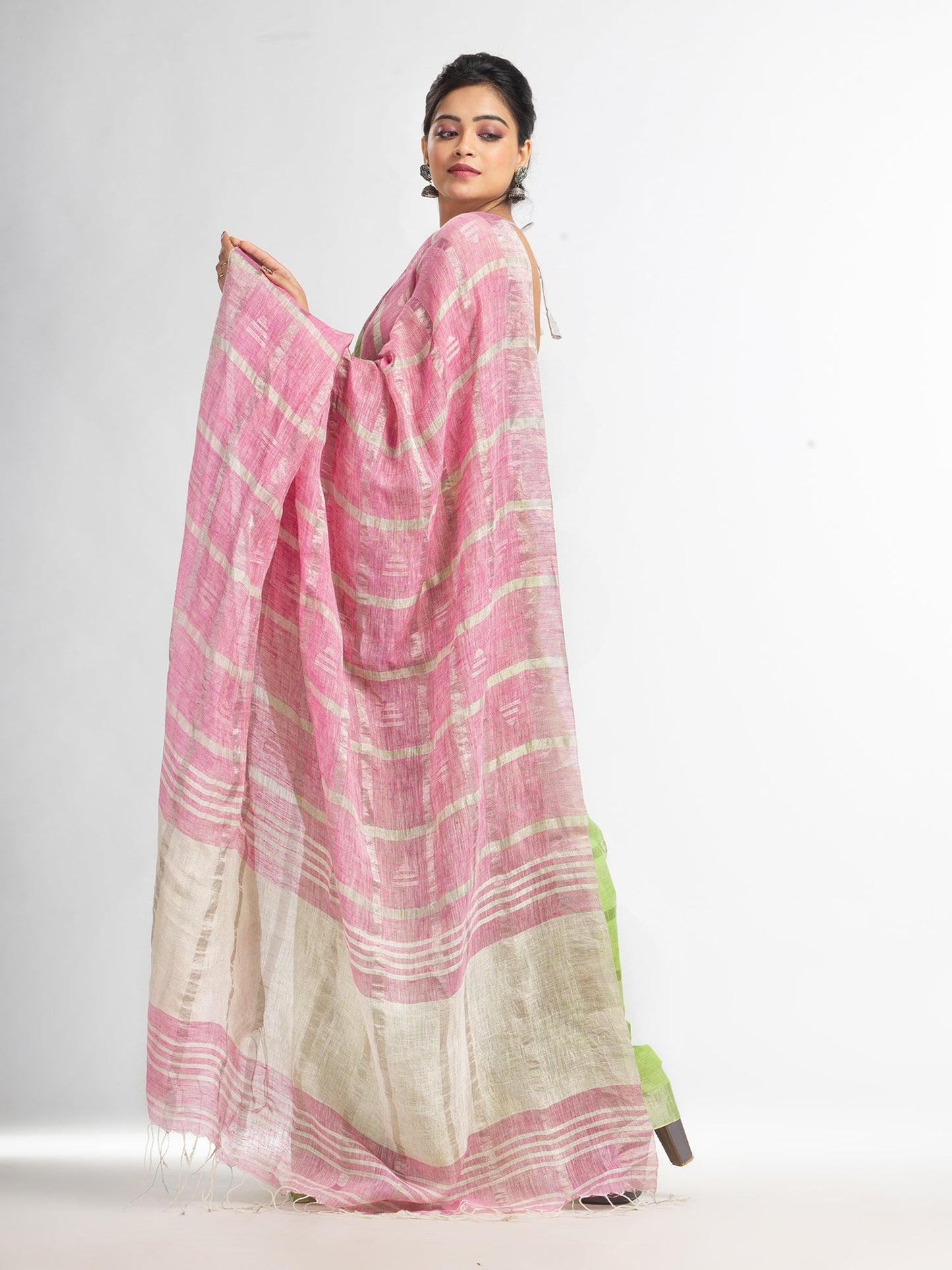 Women's green pink half and half ziri check with silver zari pallu in zari border handwoven linen saree