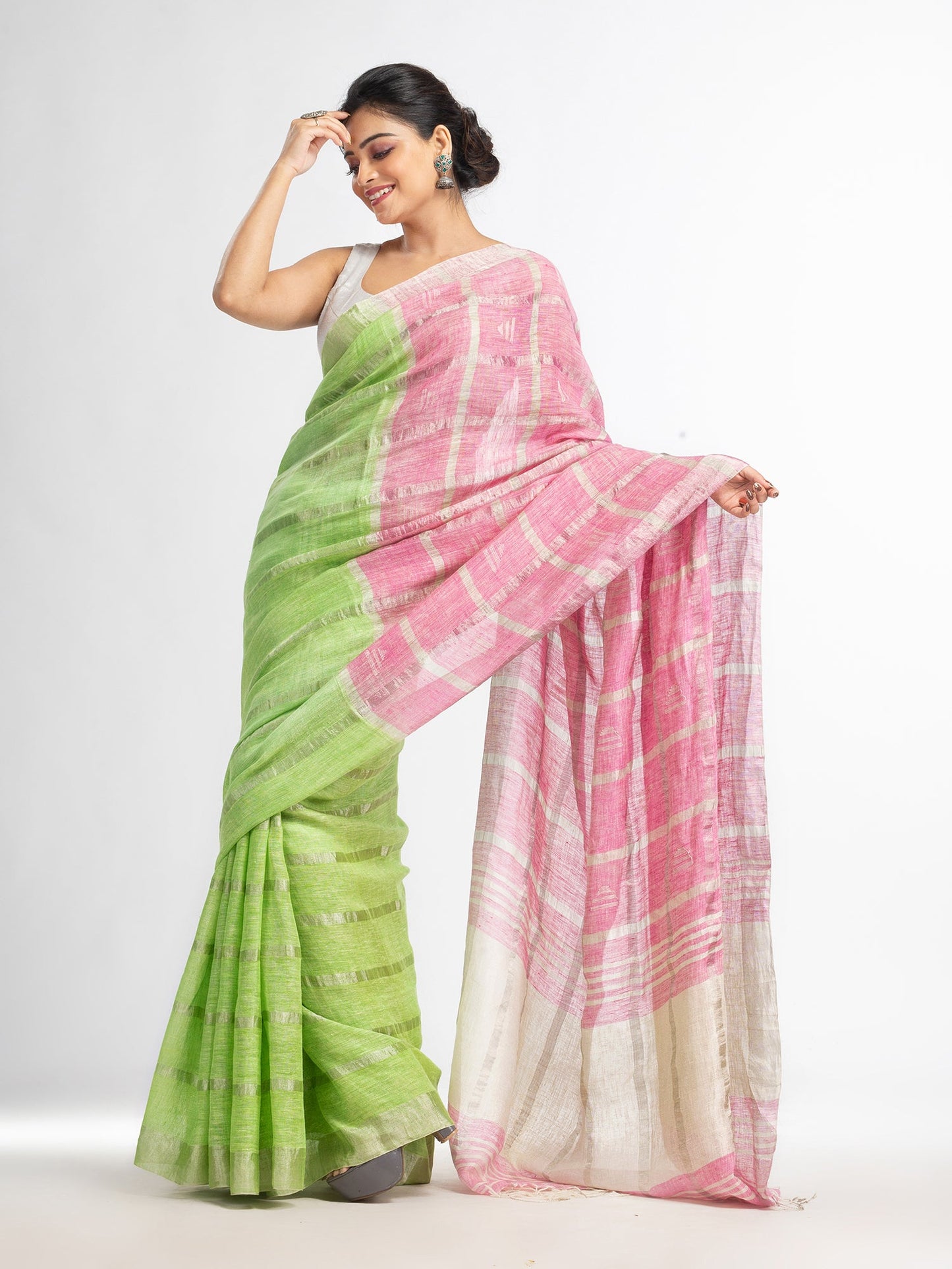 Women's green pink half and half ziri check with silver zari pallu in zari border handwoven linen saree