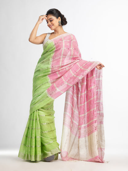 Women's green pink half and half ziri check with silver zari pallu in zari border handwoven linen saree