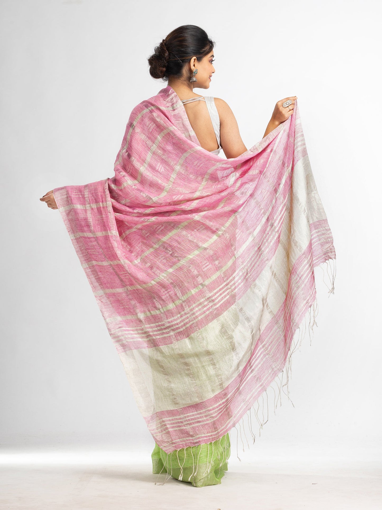 Women's green pink half and half ziri check with silver zari pallu in zari border handwoven linen saree
