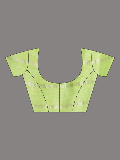 Women's green pink half and half ziri check with silver zari pallu in zari border handwoven linen saree
