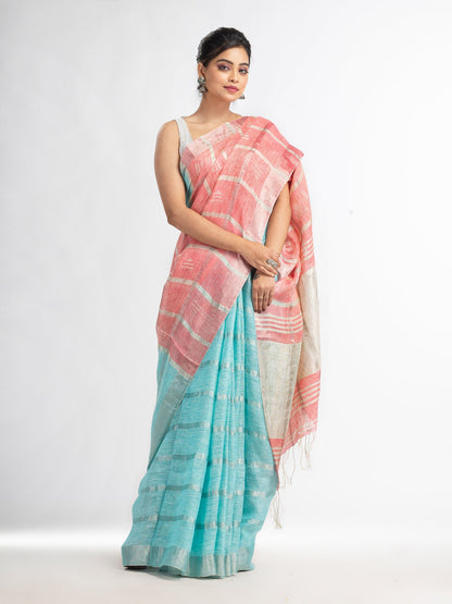 Women's Sky pink half and half ziri check with silver zari pallu in zari border handwoven linen saree