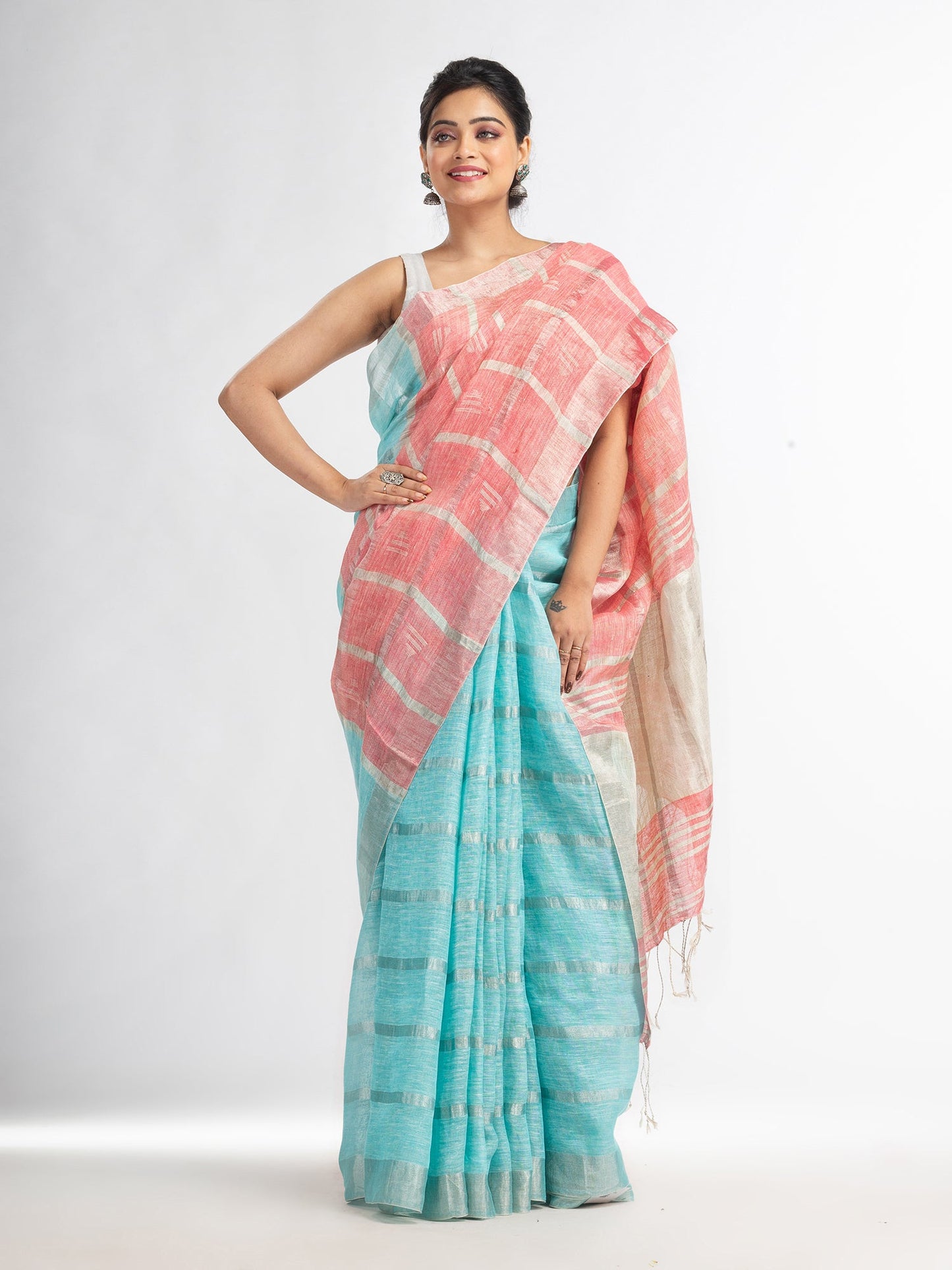 Women's Sky pink half and half ziri check with silver zari pallu in zari border handwoven linen saree