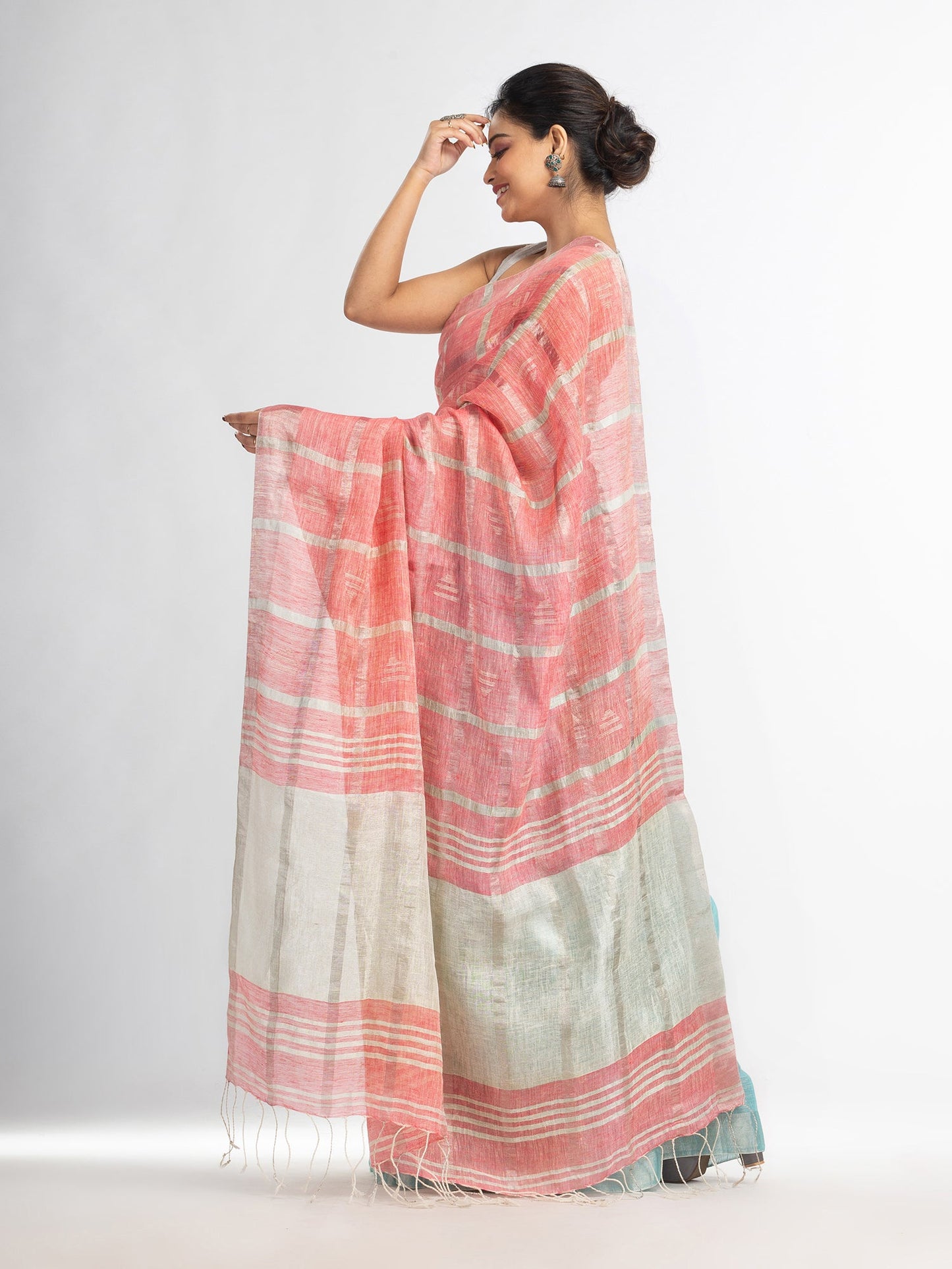 Women's Sky pink half and half ziri check with silver zari pallu in zari border handwoven linen saree