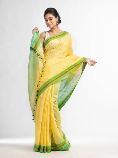 Women's Yellow with green pallu in multi colour boeder handwoven linen saree