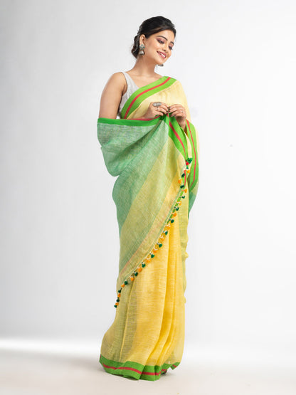 Women's Yellow with green pallu in multi colour boeder handwoven linen saree