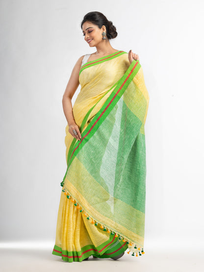 Women's Yellow with green pallu in multi colour boeder handwoven linen saree
