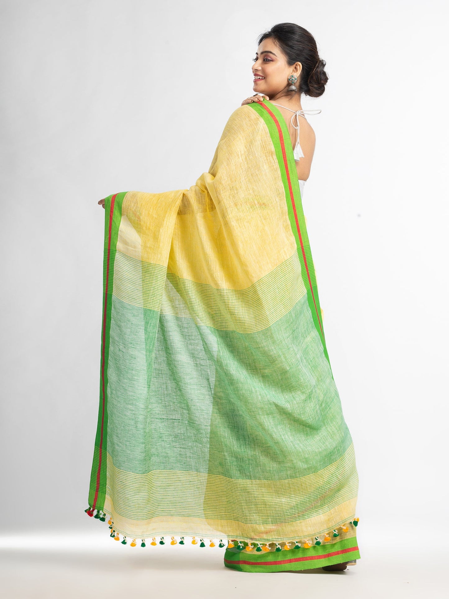 Women's Yellow with green pallu in multi colour boeder handwoven linen saree