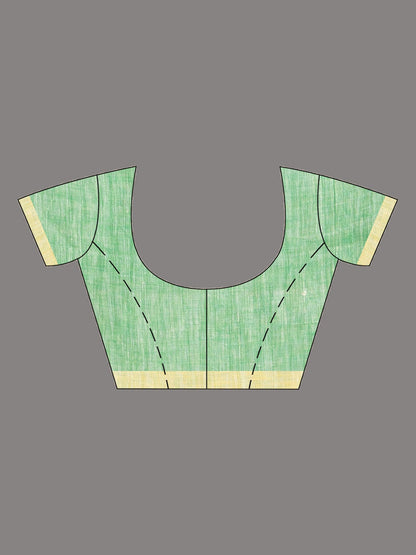 Women's Yellow with green pallu in multi colour boeder handwoven linen saree