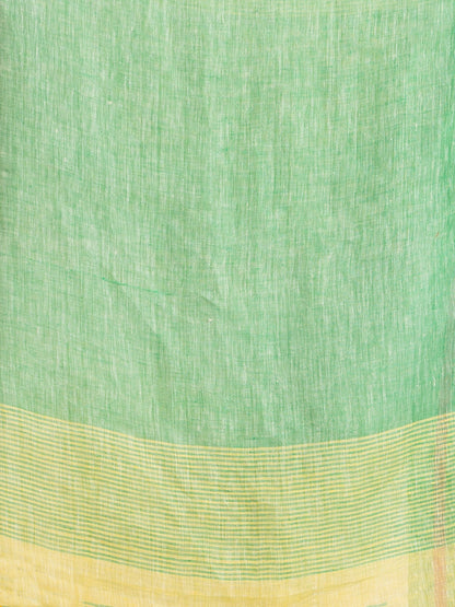 Women's Yellow with green pallu in multi colour boeder handwoven linen saree