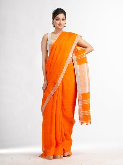 Women's Orange with silver zari pallu in silver zari border handwoven linen saree