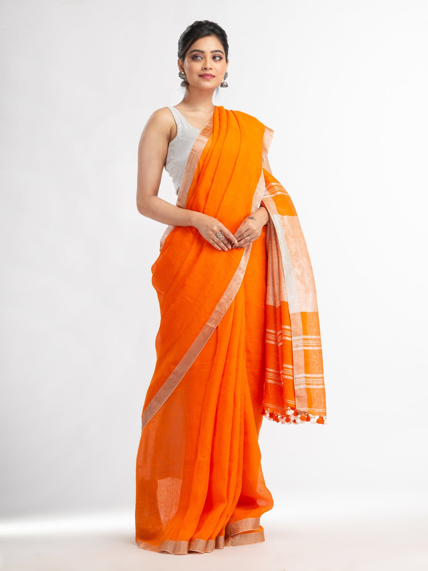 Women's Orange with silver zari pallu in silver zari border handwoven linen saree