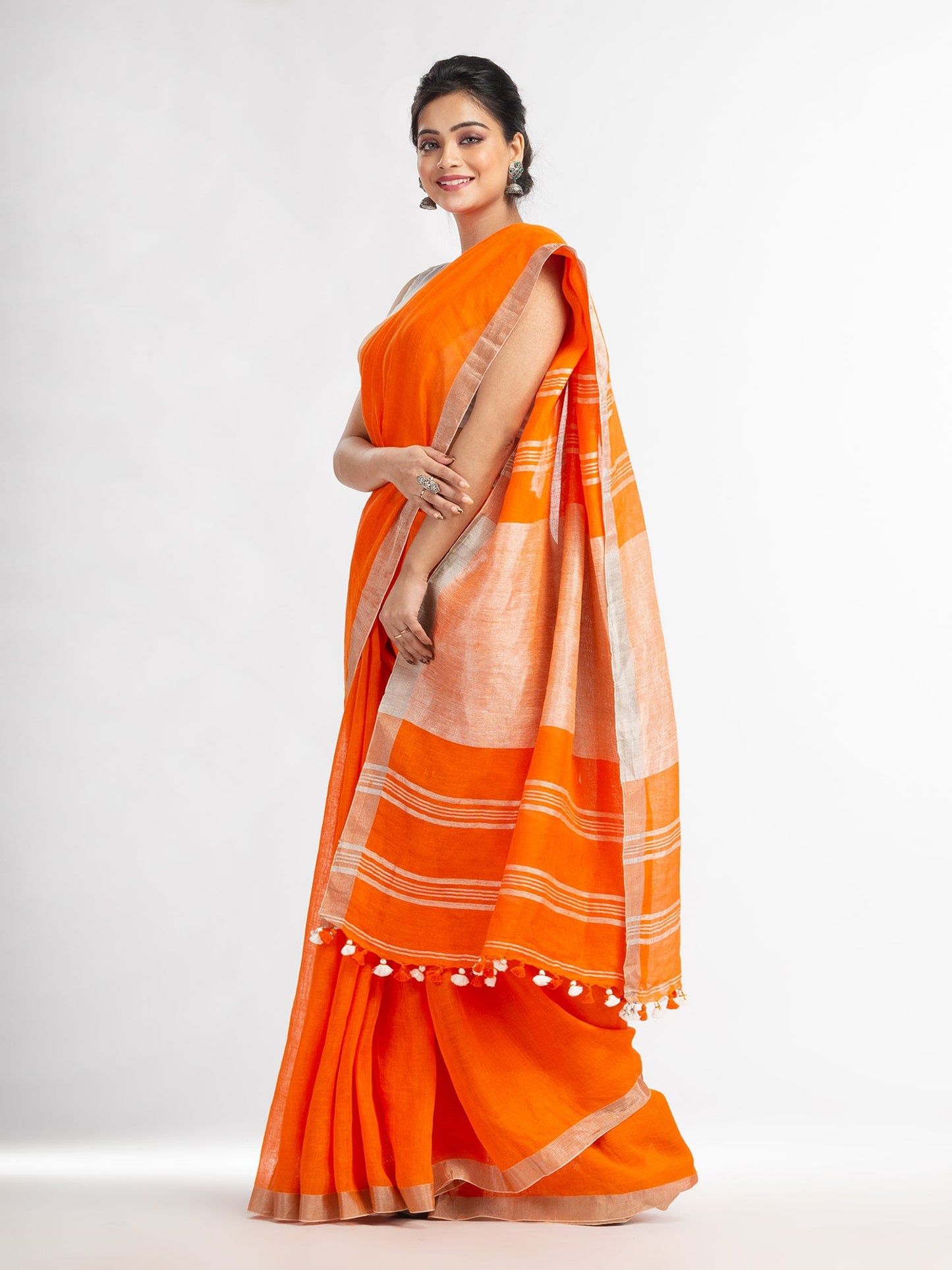 Women's Orange with silver zari pallu in silver zari border handwoven linen saree