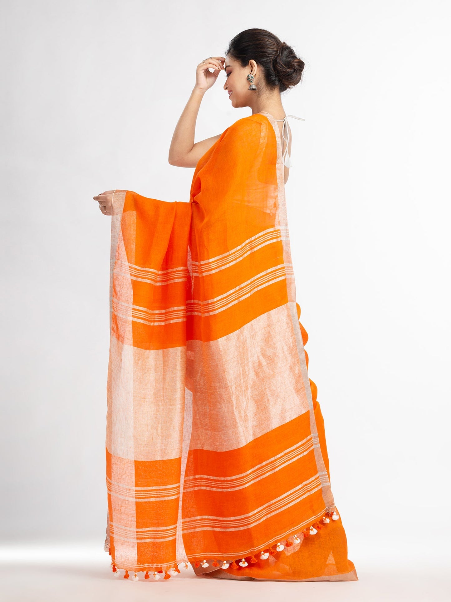Women's Orange with silver zari pallu in silver zari border handwoven linen saree