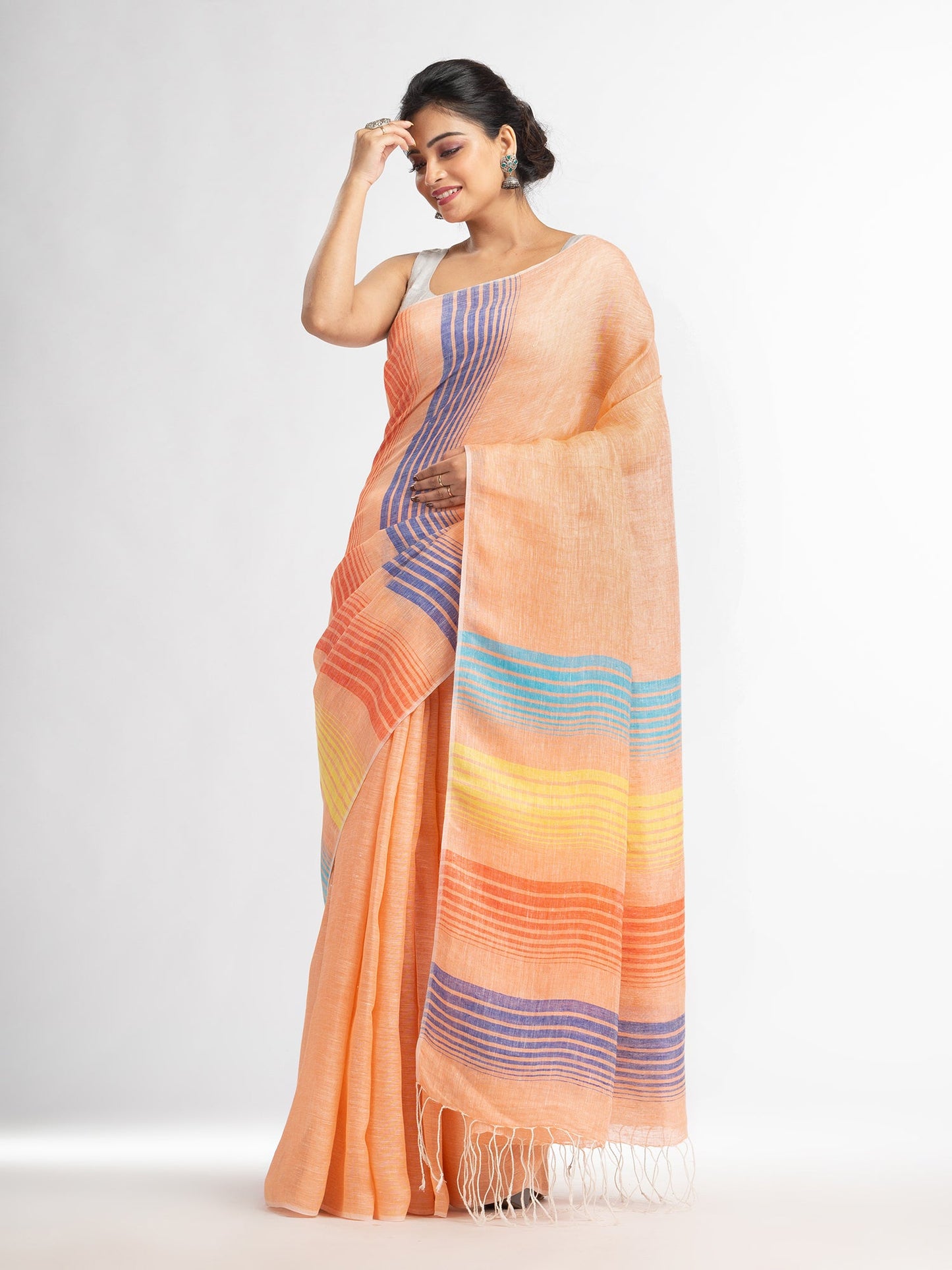 Women's Peach with multi colour pallu handwoven linen saree