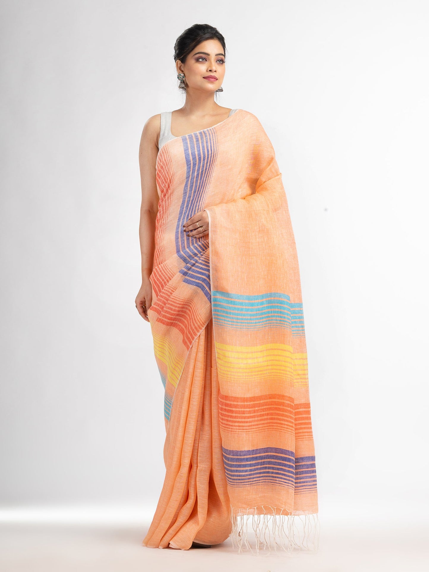Women's Peach with multi colour pallu handwoven linen saree