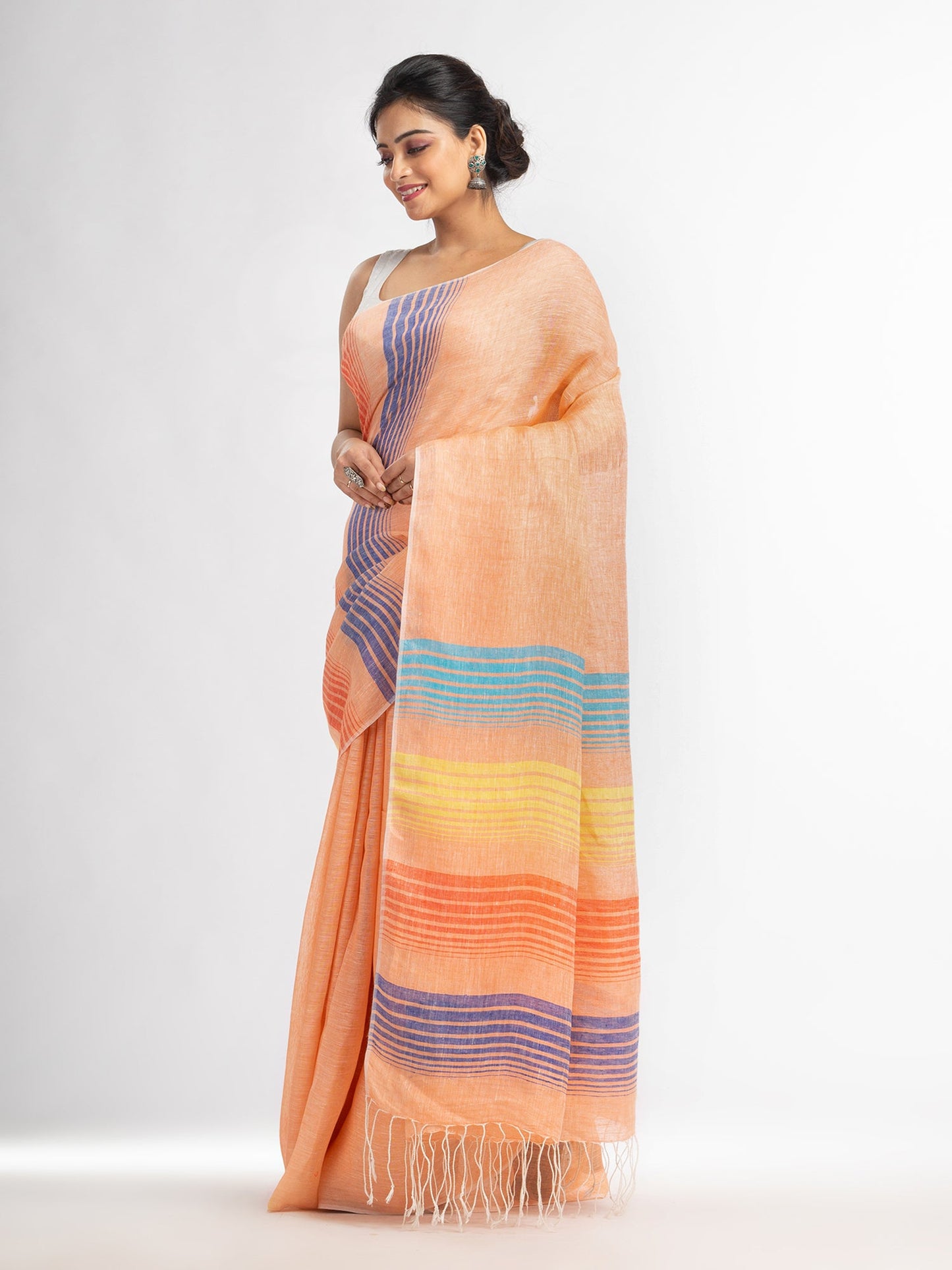 Women's Peach with multi colour pallu handwoven linen saree