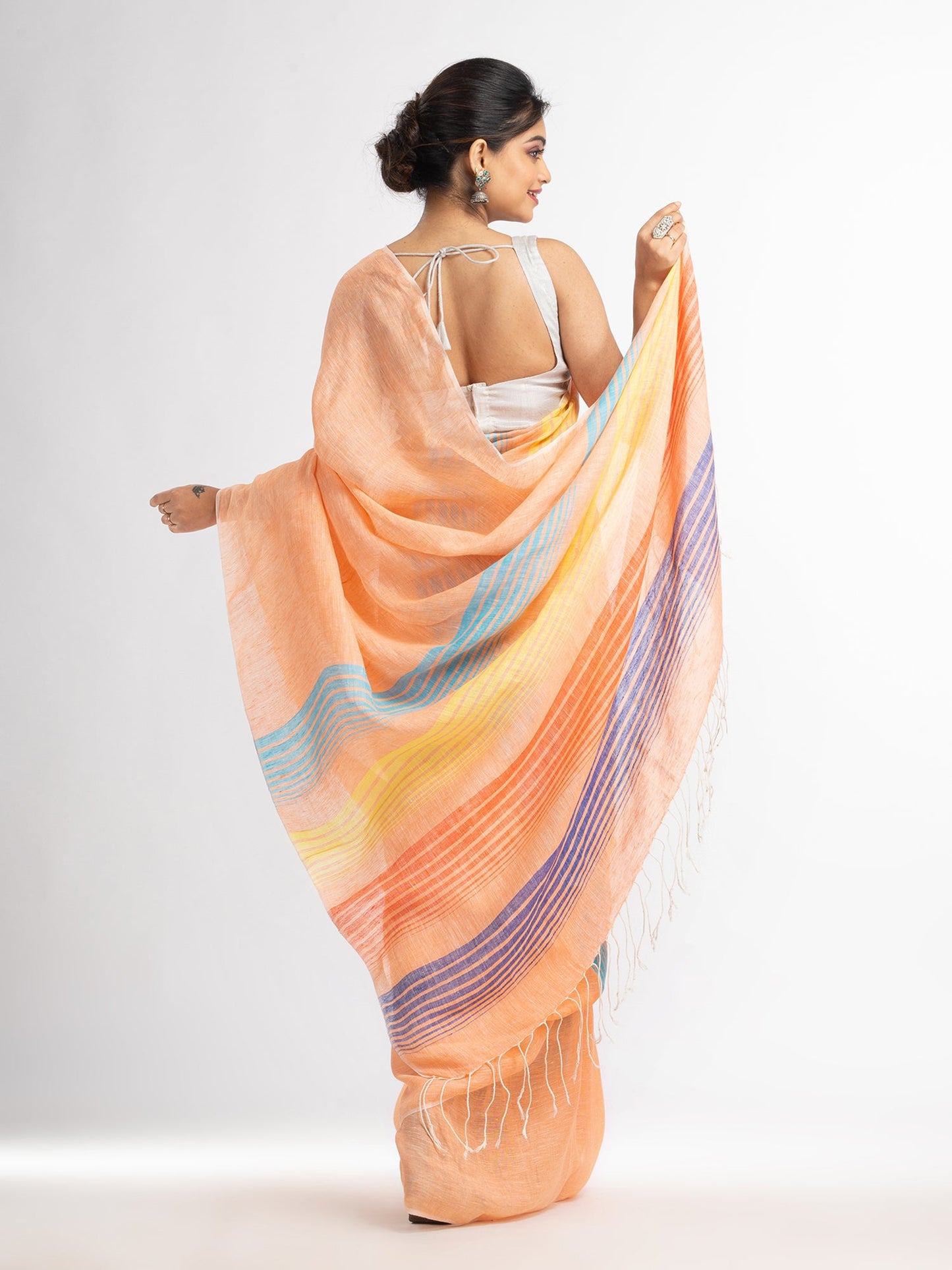 Women's Peach with multi colour pallu handwoven linen saree