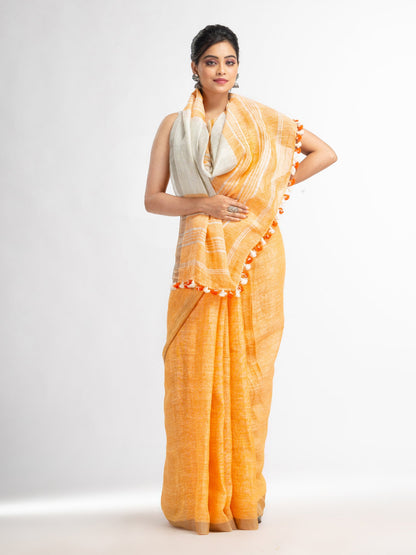 Women's Orange with silver zari pallu in silver zari border handwoven linen saree