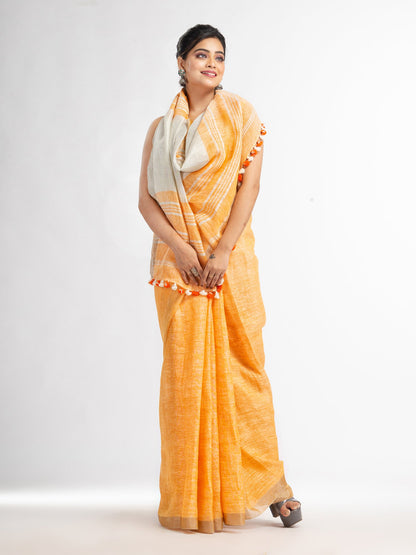 Women's Orange with silver zari pallu in silver zari border handwoven linen saree