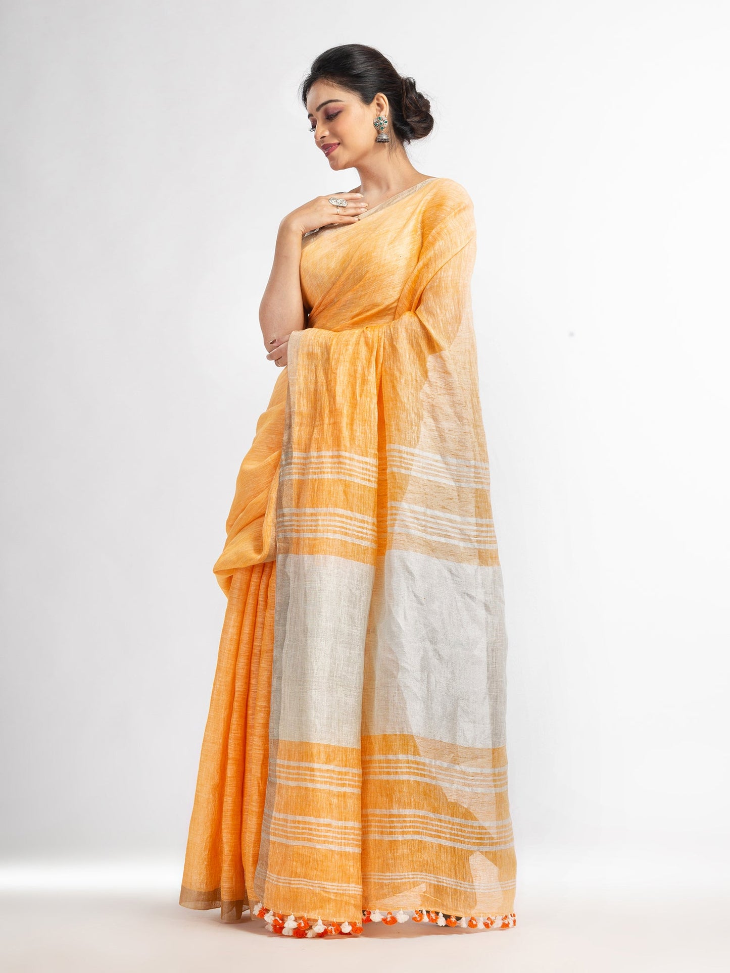 Women's Orange with silver zari pallu in silver zari border handwoven linen saree