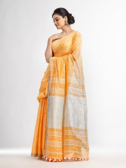 Women's Orange with silver zari pallu in silver zari border handwoven linen saree