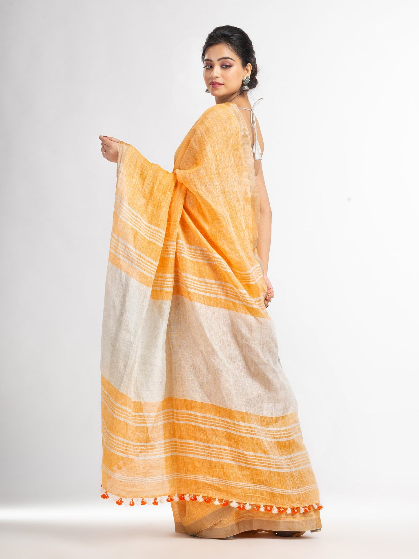 Women's Orange with silver zari pallu in silver zari border handwoven linen saree
