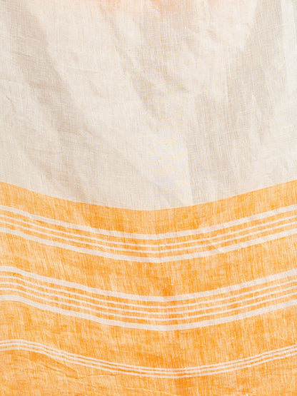 Women's Orange with silver zari pallu in silver zari border handwoven linen saree