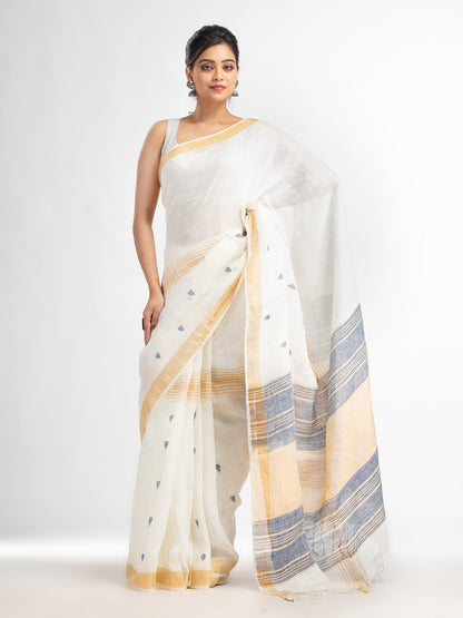 Women's white half body buti with gold zari and nevy blue pallu in gold zari border handwoven linen saree
