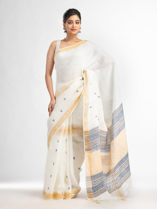 Women's white half body buti with gold zari and nevy blue pallu in gold zari border handwoven linen saree