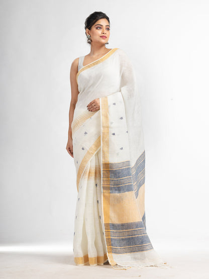 Women's white half body buti with gold zari and nevy blue pallu in gold zari border handwoven linen saree