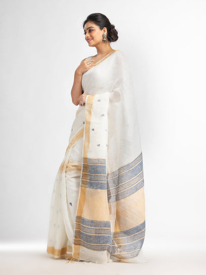 Women's white half body buti with gold zari and nevy blue pallu in gold zari border handwoven linen saree
