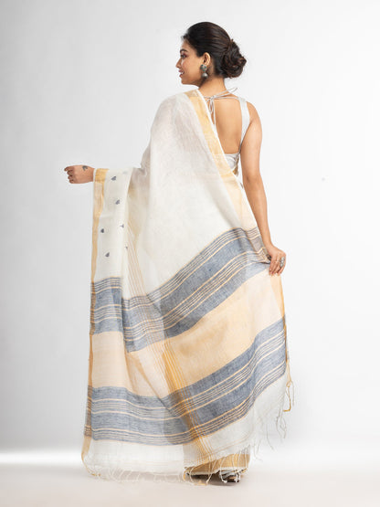 Women's white half body buti with gold zari and nevy blue pallu in gold zari border handwoven linen saree