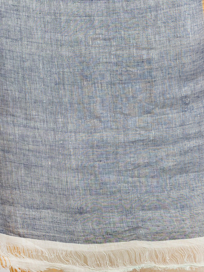 Women's white half body buti with gold zari and nevy blue pallu in gold zari border handwoven linen saree