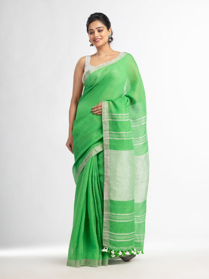 Women's Green with silver zari pallu in silver zari border handwoven linen saree