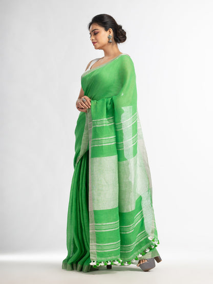 Women's Green with silver zari pallu in silver zari border handwoven linen saree